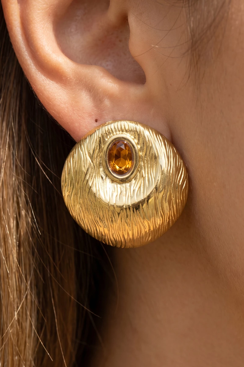 Gold Dipped Textured Round Dome Cz Stud Earrings