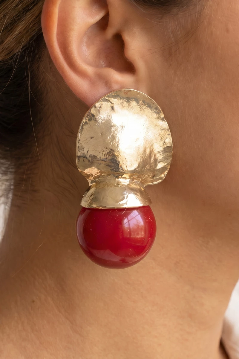 Gold Dipped Hammered Disc And Ball Drop Earrings