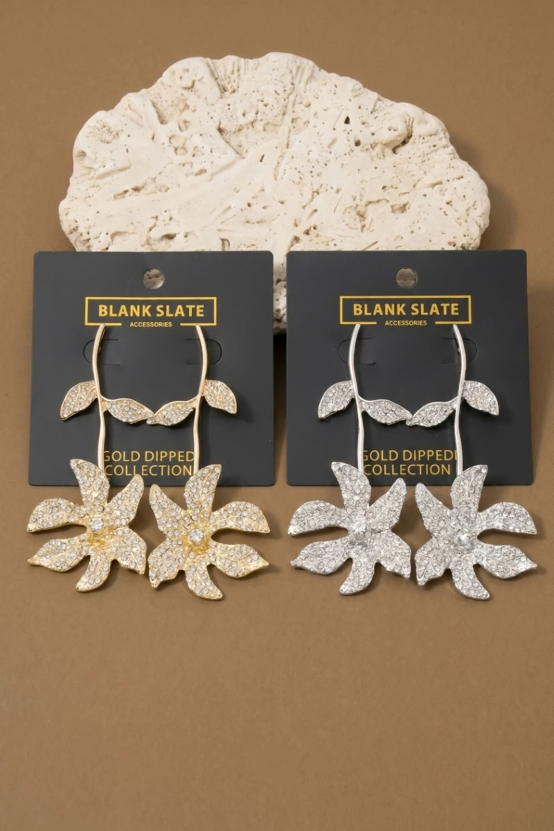 Gold Dipped Rhinestone Pave Flower Chandelier Earrings