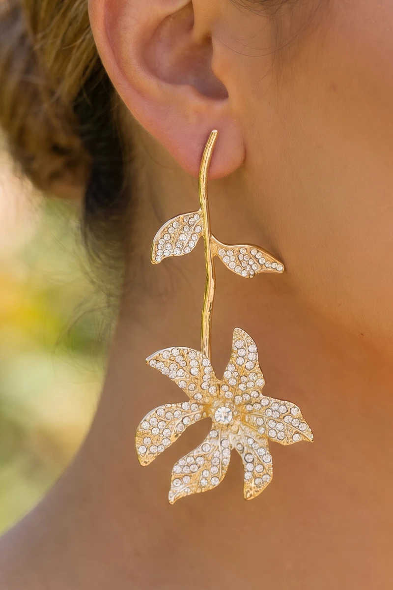 Gold Dipped Rhinestone Pave Flower Chandelier Earrings