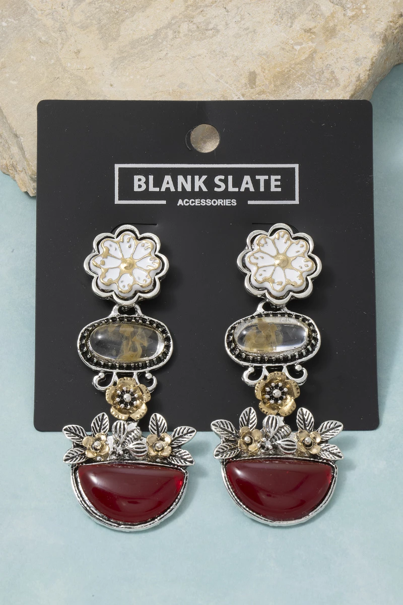 Floral Cluster Enamel Multi Stone Dangle Earrings