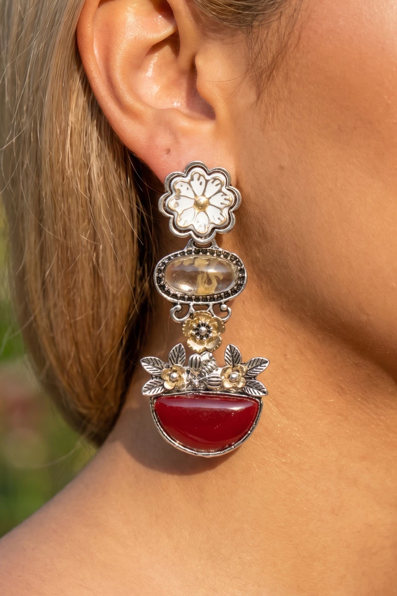 Floral Cluster Enamel Multi Stone Dangle Earrings