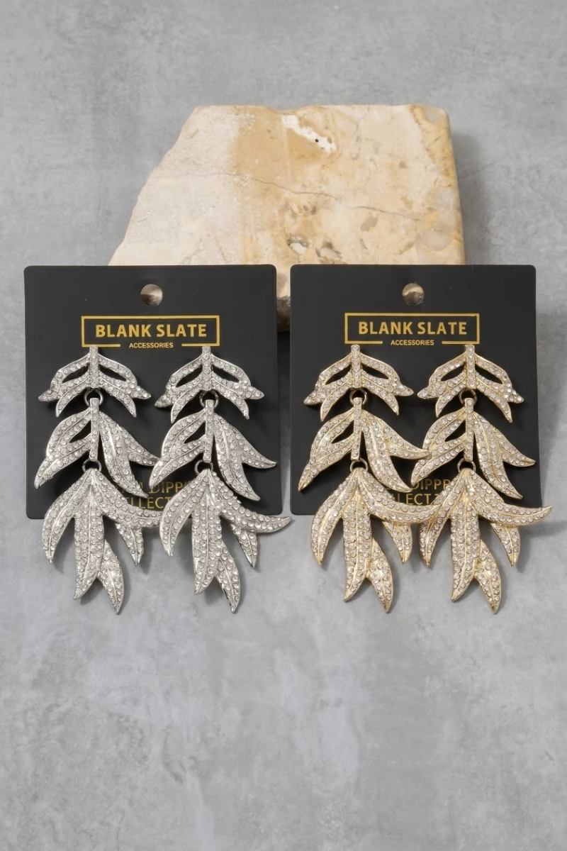 Gold Dipped Pave Rhinestone Leaf Chandelier Earrings