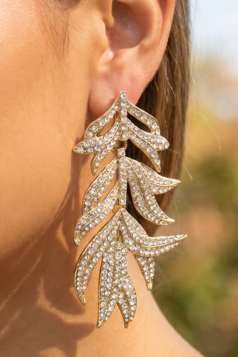 Gold Dipped Pave Rhinestone Leaf Chandelier Earrings