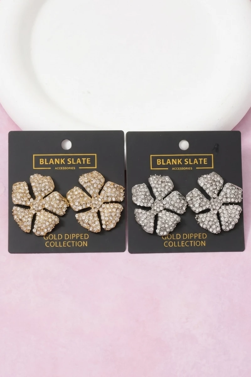 Gold Dipped Pave Rhinestone Floral Stud Earrings