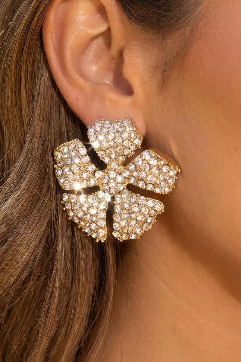 Gold Dipped Pave Rhinestone Floral Stud Earrings