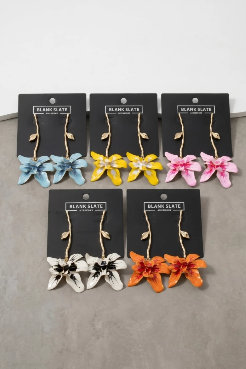 Enamel Orchid Flower Drop Earrings With Twig Post