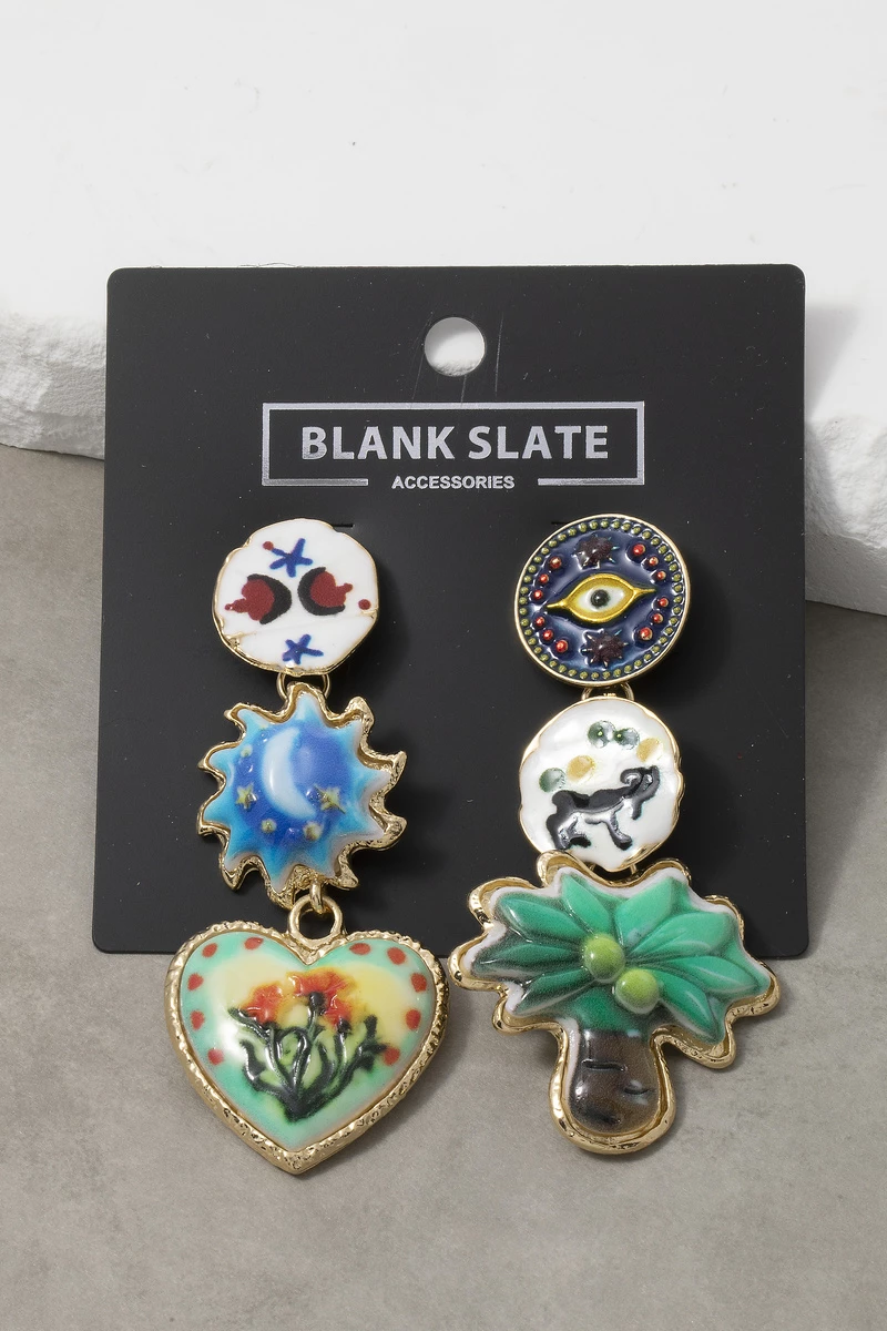 Artisan Painted Enamel Mismatched Charm Earrings