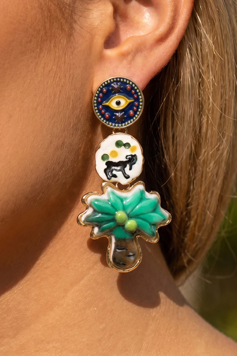 Artisan Painted Enamel Mismatched Charm Earrings