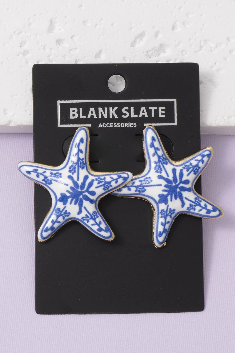 Enamel Starfish Floral Print Stud Earrings