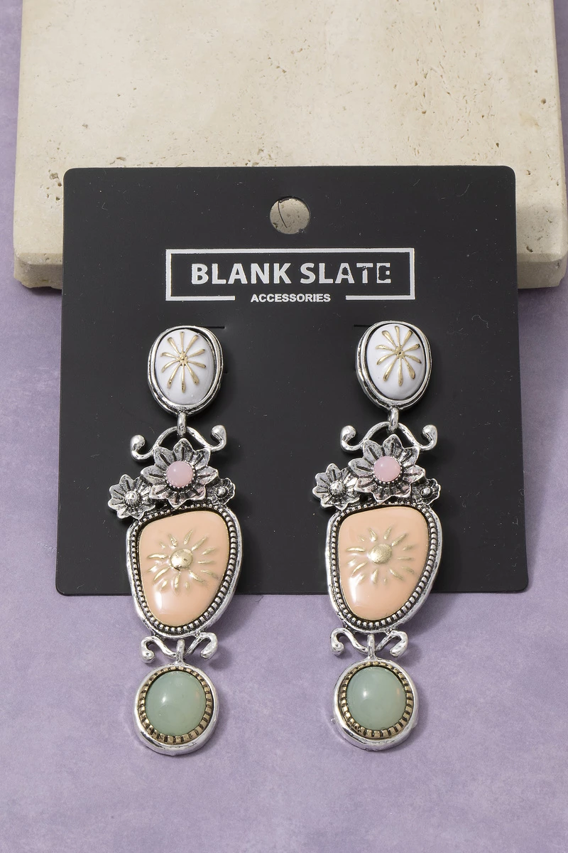 Multi Tier Carved Stone Botanical Floral Dangle Earrings