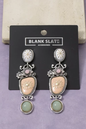 Multi Tier Carved Stone Botanical Floral Dangle Earrings