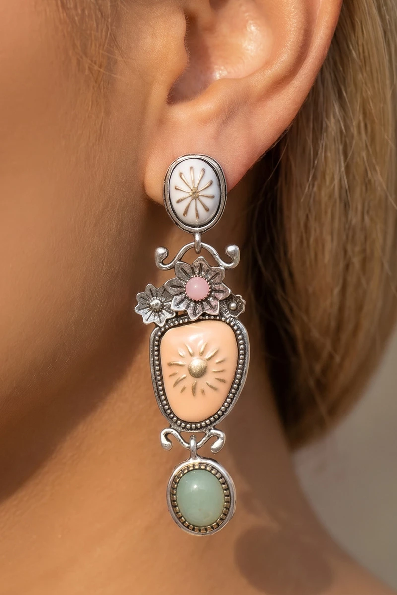 Multi Tier Carved Stone Botanical Floral Dangle Earrings