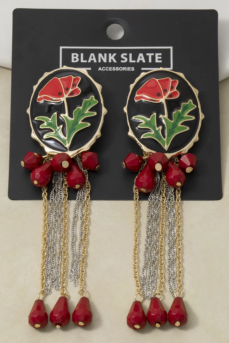 Painted Floral Enamel Oval Dangle Tassel Earrings