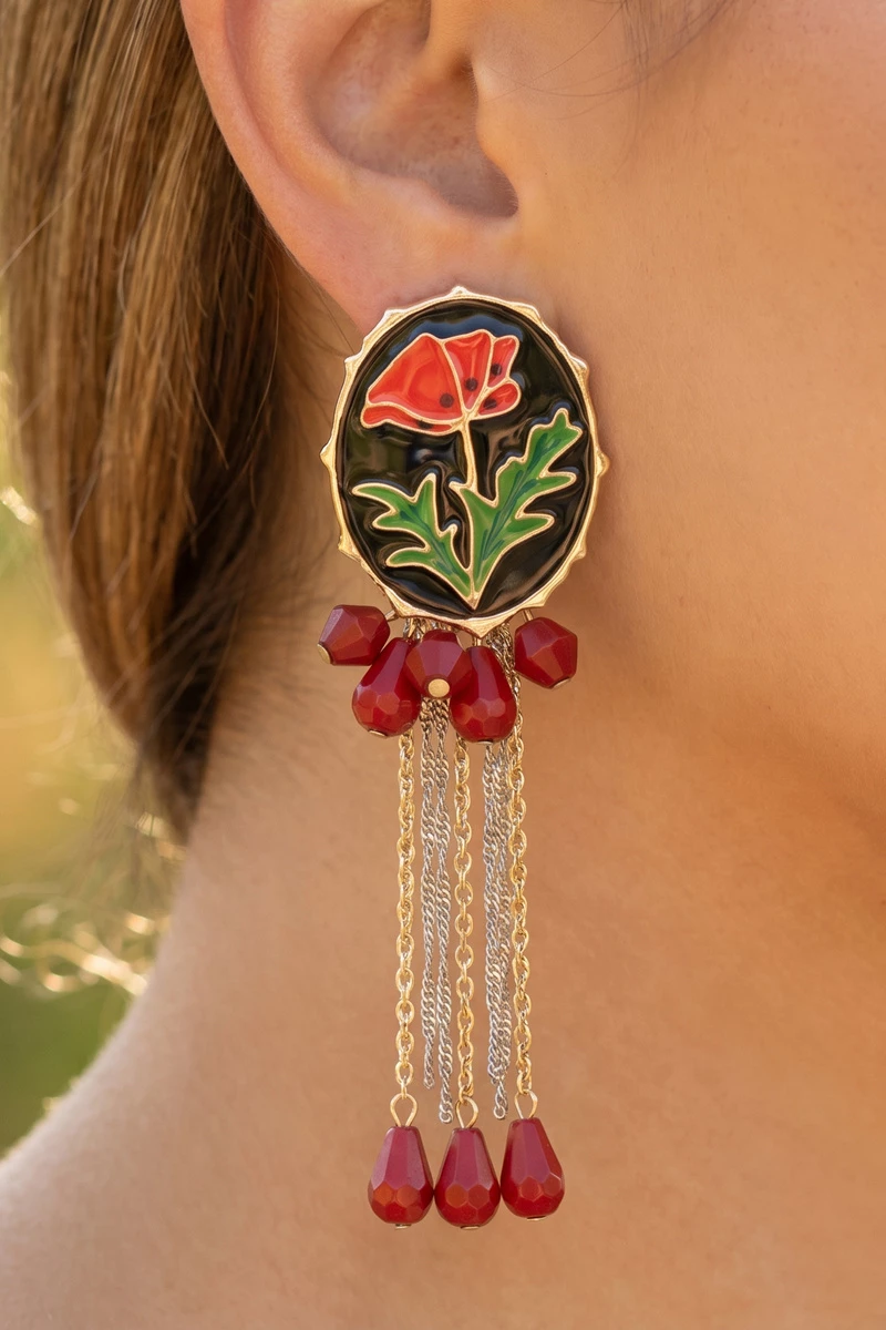 Painted Floral Enamel Oval Dangle Tassel Earrings