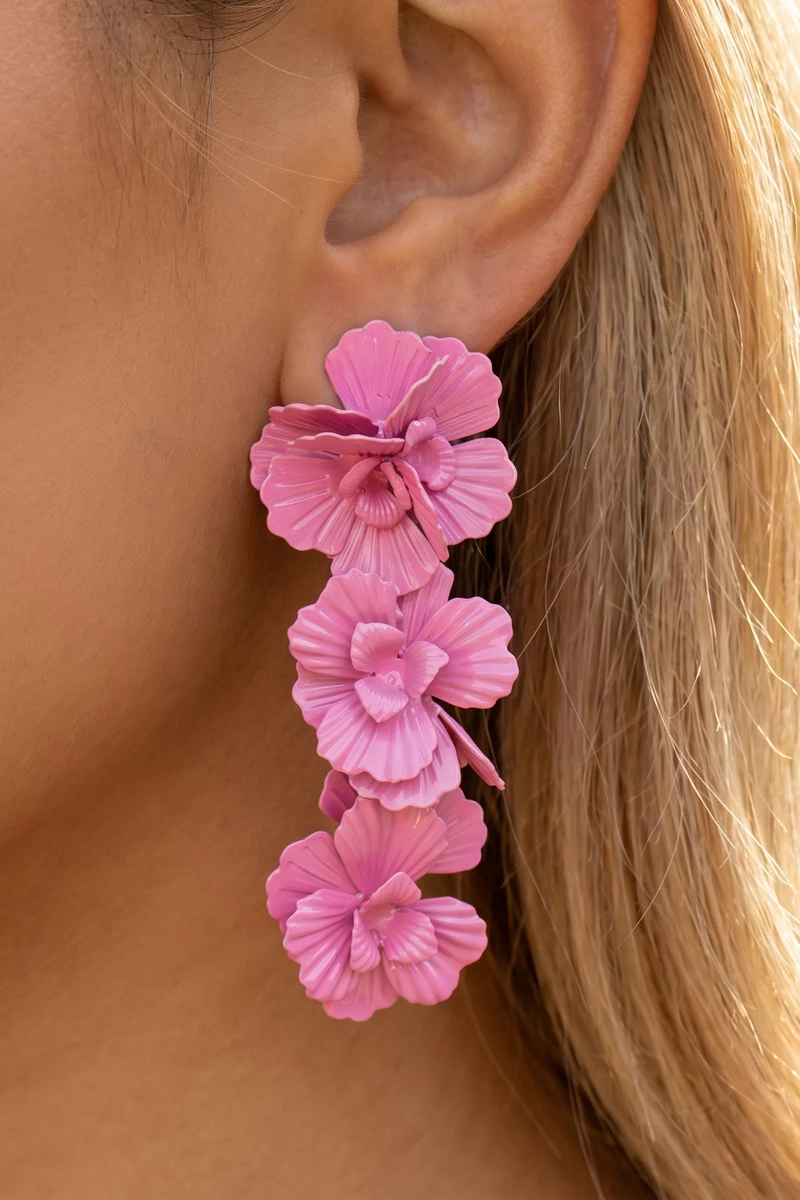 Three Tier Enamel Flower Cascade Drop Earrings