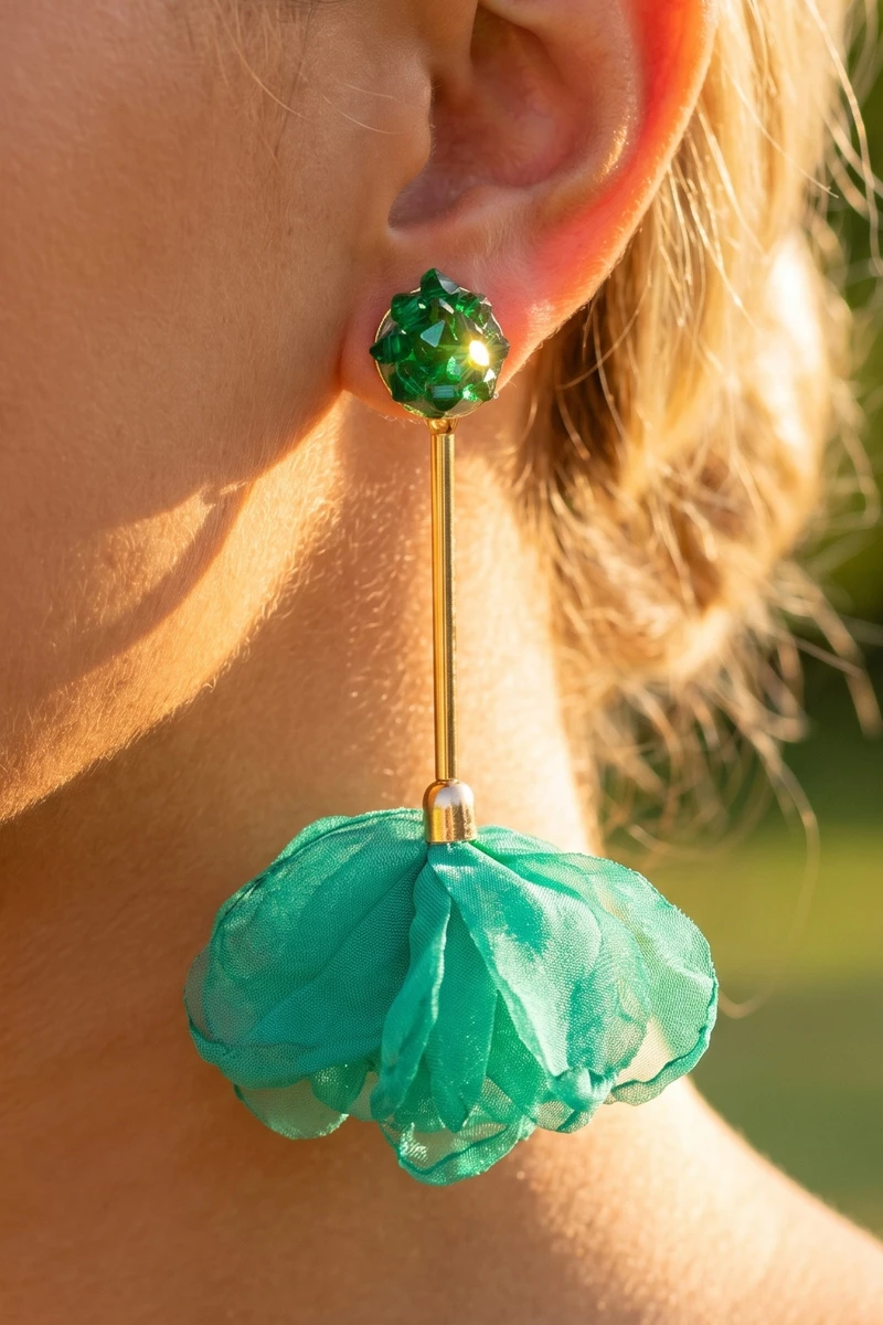 Crystal Cluster Chiffon Floral Petal Drop Earrings