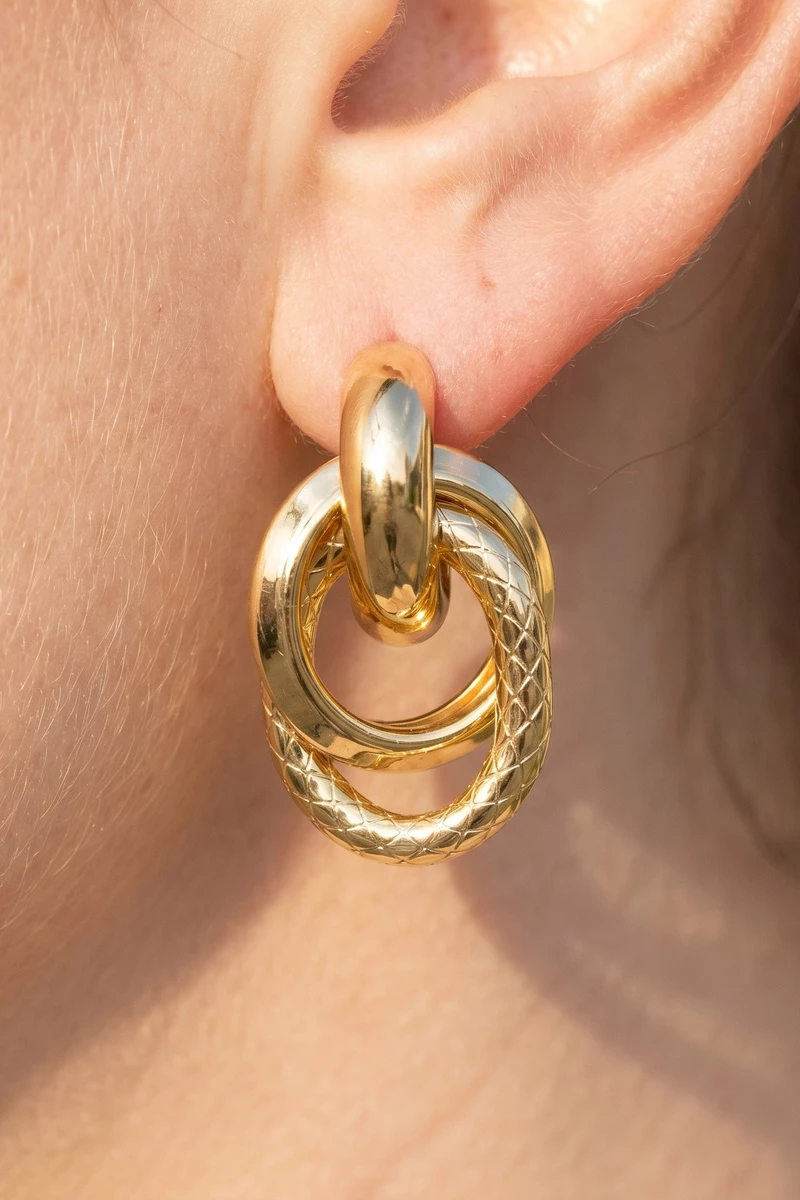 Gold Dipped Mixed Texture Double Ring Drop Earrings