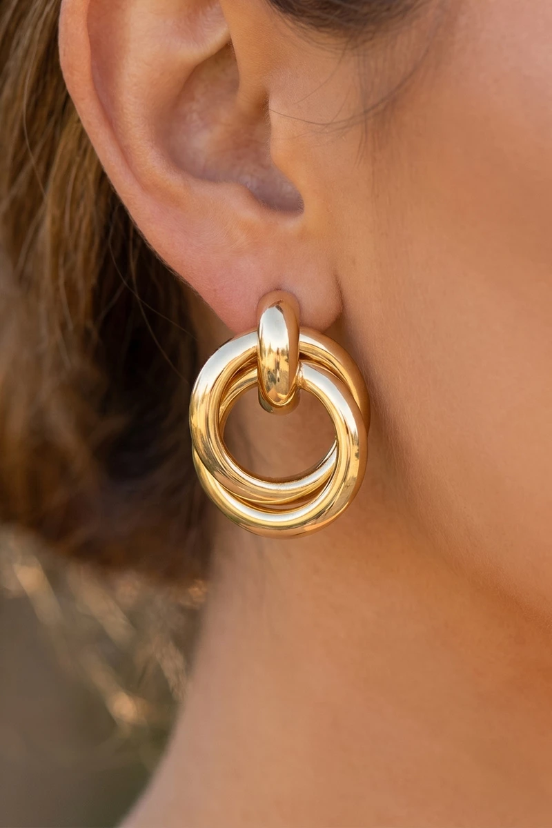 Gold Dipped Triple Ring Doorknocker Earrings