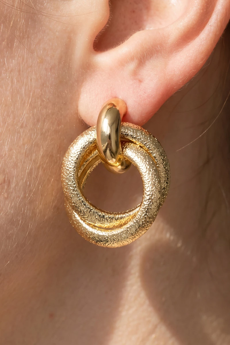 Gold Dipped Hammered Texture Ring Doorknocker Earrings