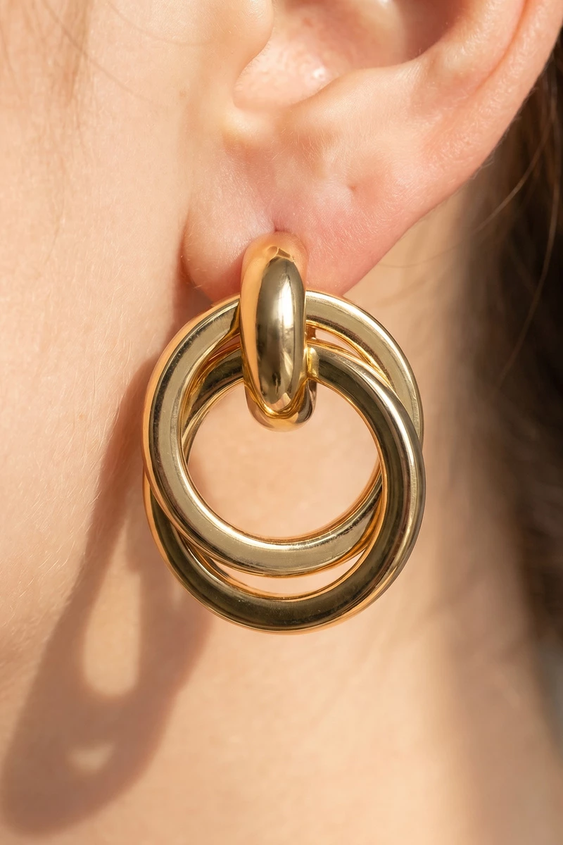 Gold Dipped Smooth Double Ring Doorknocker Earrings