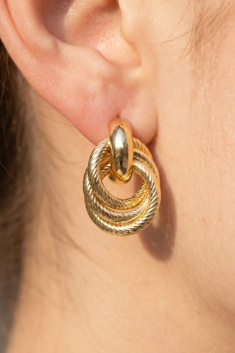 Gold Dipped Rope Cut Double Ring Doorknocker Earrings