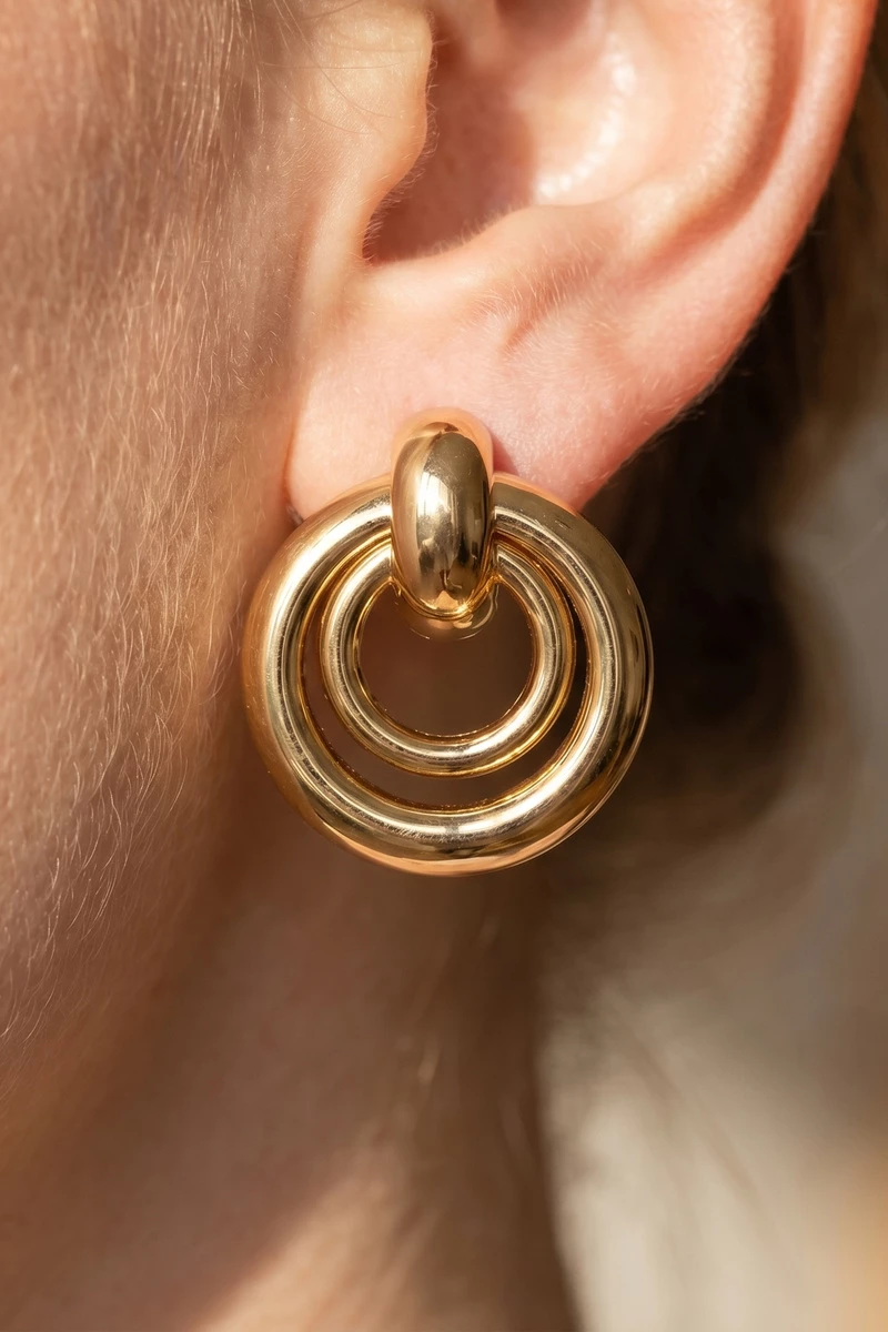Gold Dipped Mixed Size Ring Doorknocker Earrings