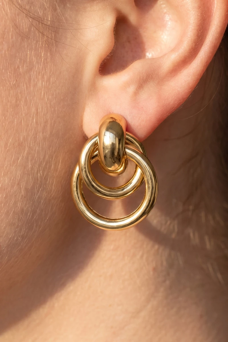 Gold Dipped Dome Top Double Ring Doorknocker Earrings