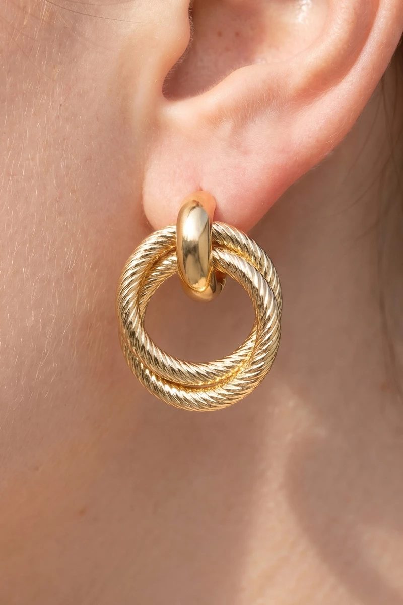 Gold Dipped Twisted Cable Ring Doorknocker Earrings