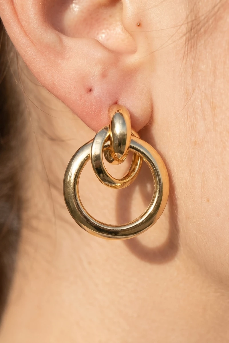 Gold Dipped Oversized Double Ring Doorknocker Earrings