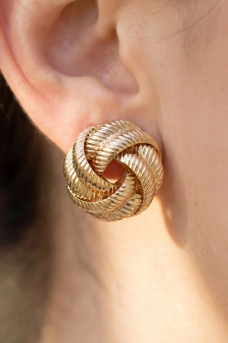 Gold Dipped Ribbed Tube Love Knot Stud Earrings