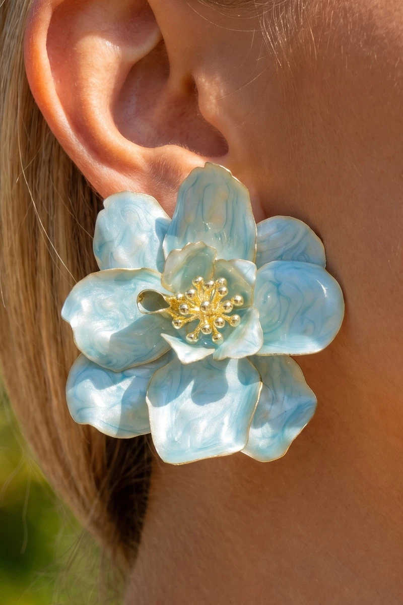 Oversized Pearlized Enamel Flower Stud Earrings