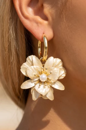 Layered Flower And Pearl Hoop Drop Earrings