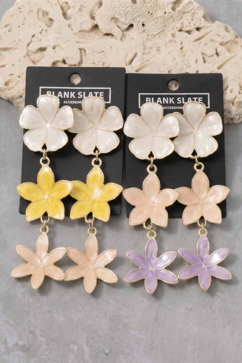 Enamel Triple Flower Tiered Drop Earrings