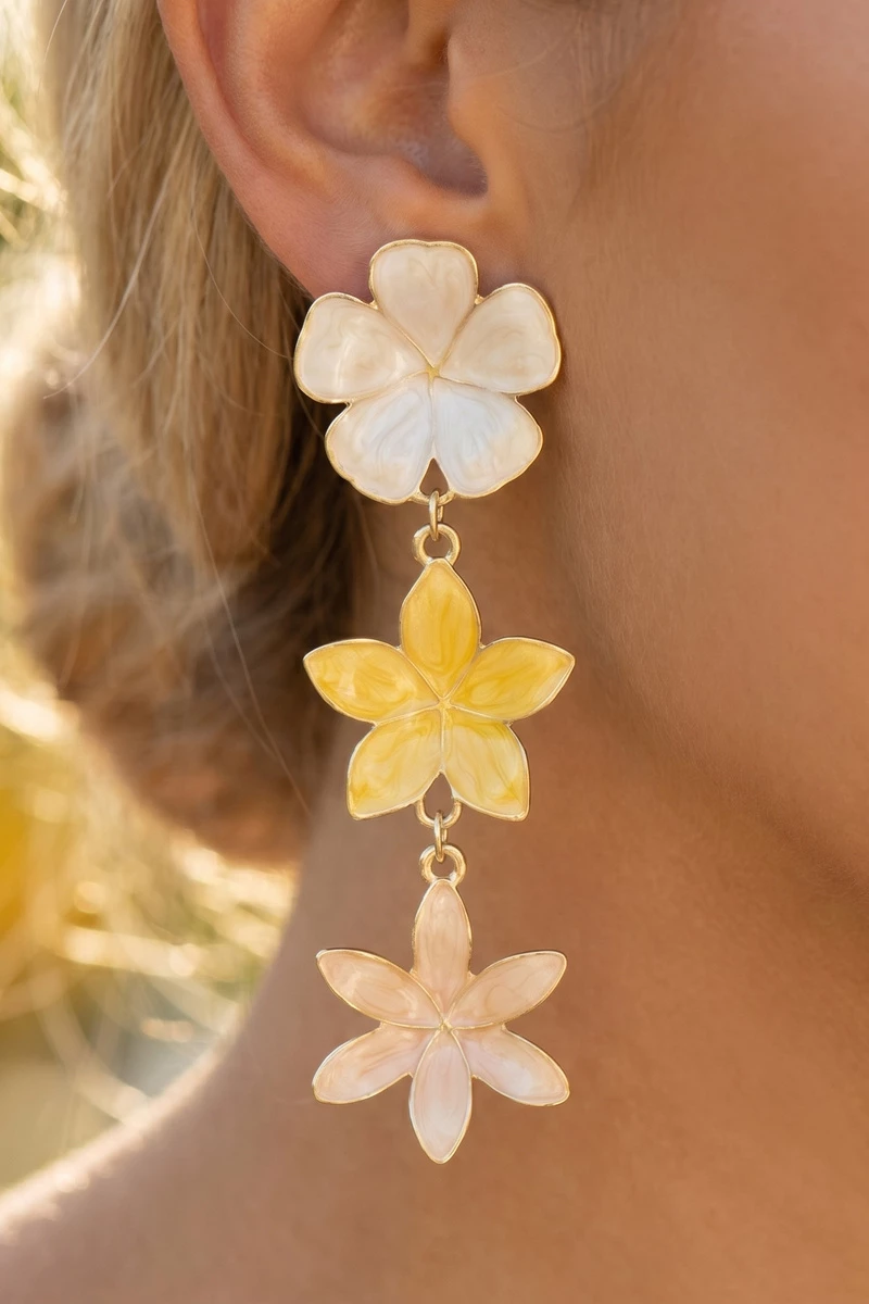 Enamel Triple Flower Tiered Drop Earrings