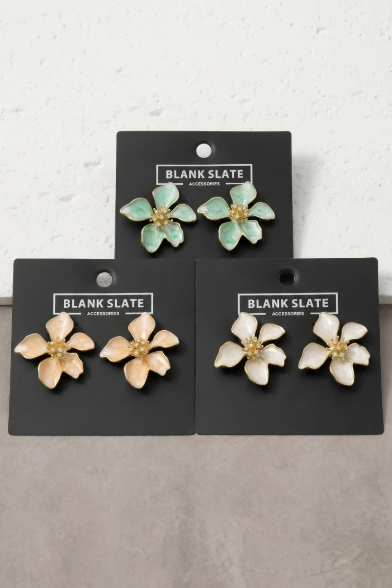 Enamel Flower Stud Earrings With Cz Center