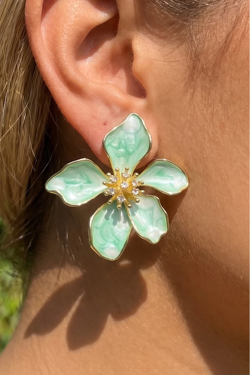 Enamel Flower Stud Earrings With Cz Center