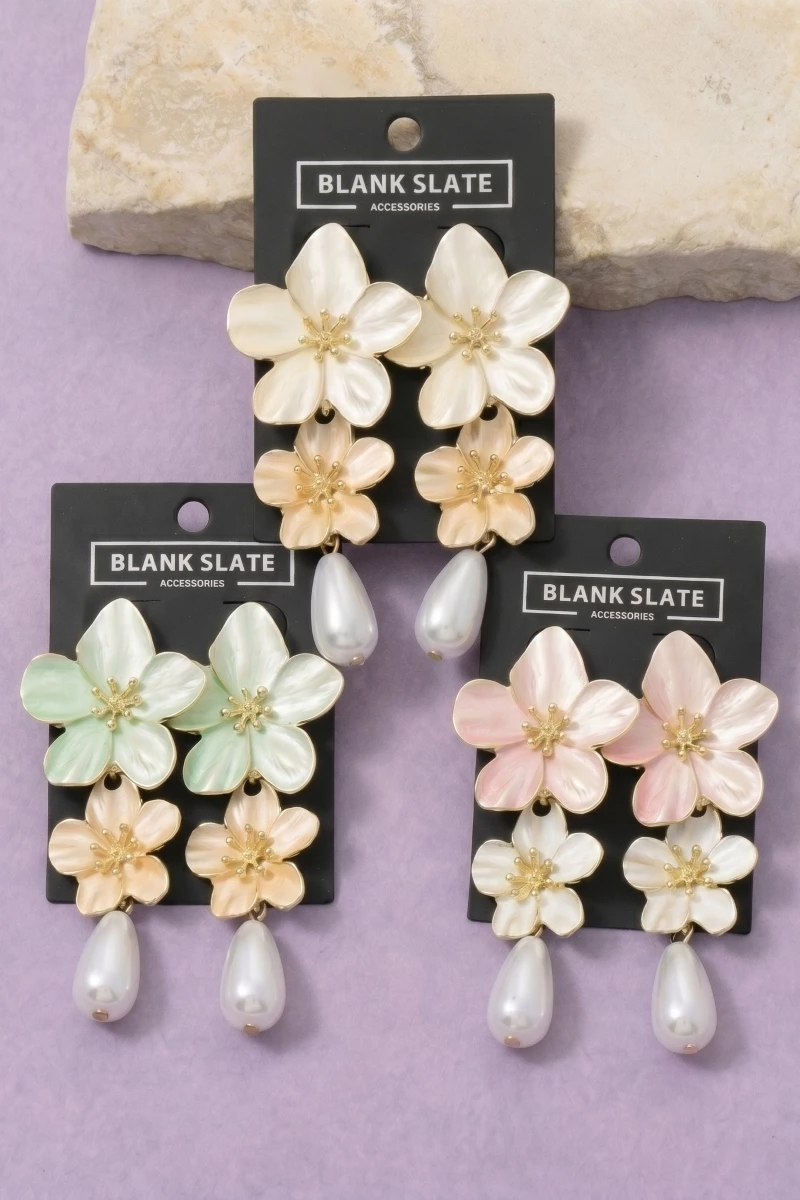 Double Flower And Teardrop Pearl Drop Earrings