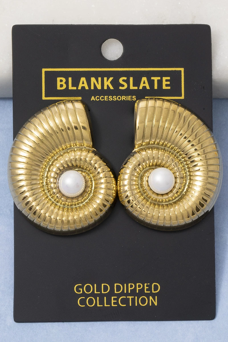 Gold Dipped Nautilus Spiral Shell Pearl Stud Earrings