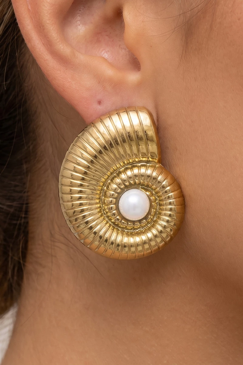 Gold Dipped Nautilus Spiral Shell Pearl Stud Earrings