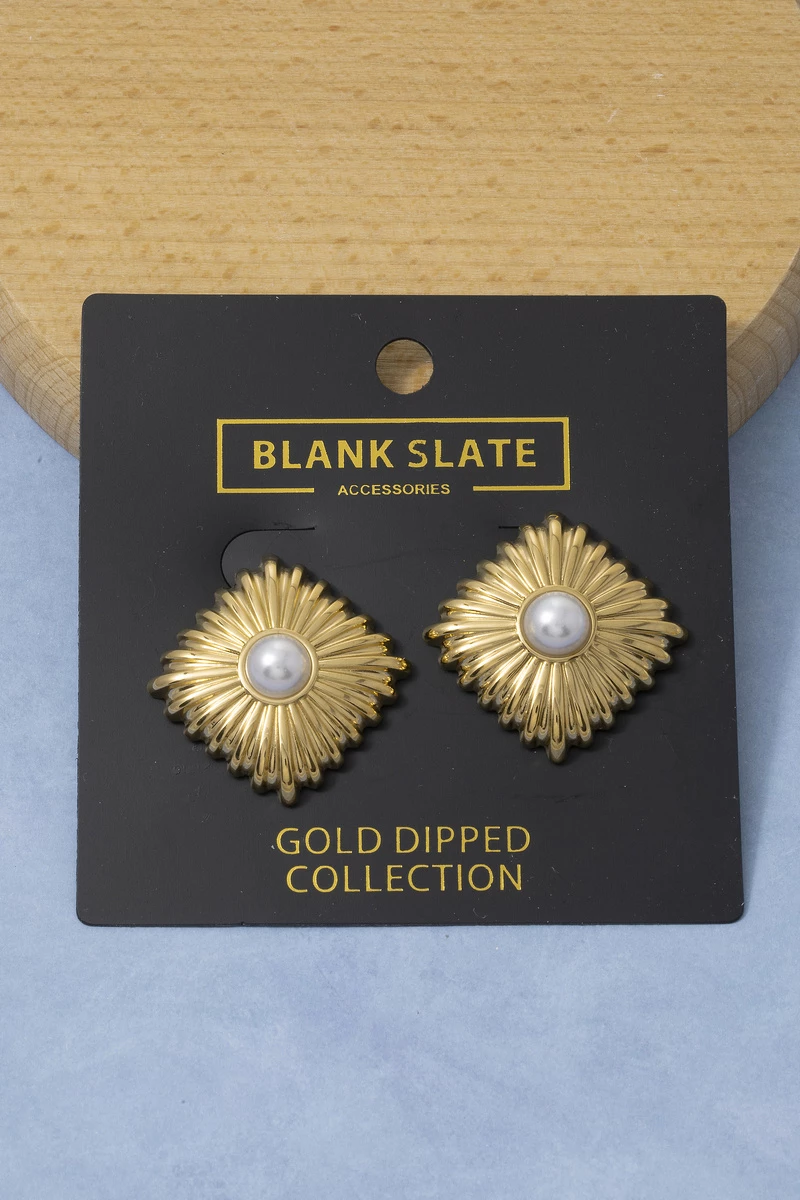 Gold Dipped Starburst Diamond Pearl Stud Earrings