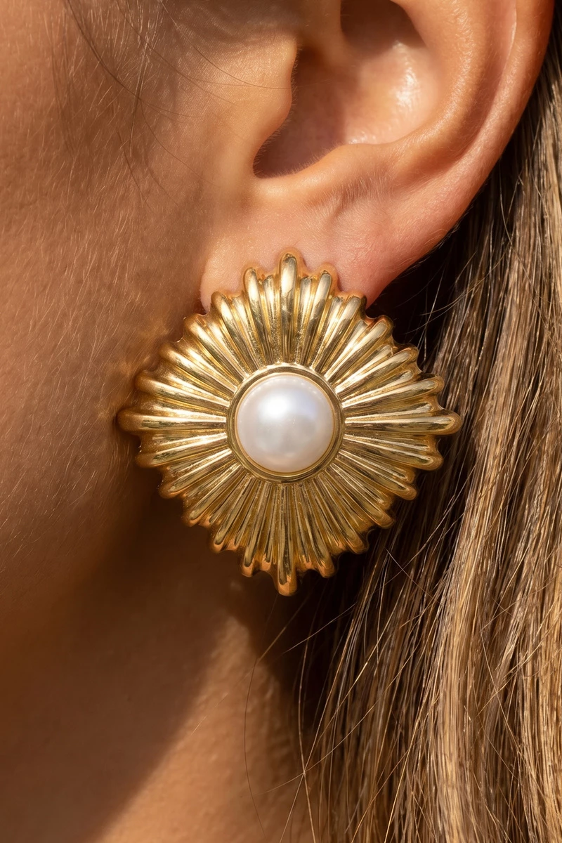 Gold Dipped Starburst Diamond Pearl Stud Earrings