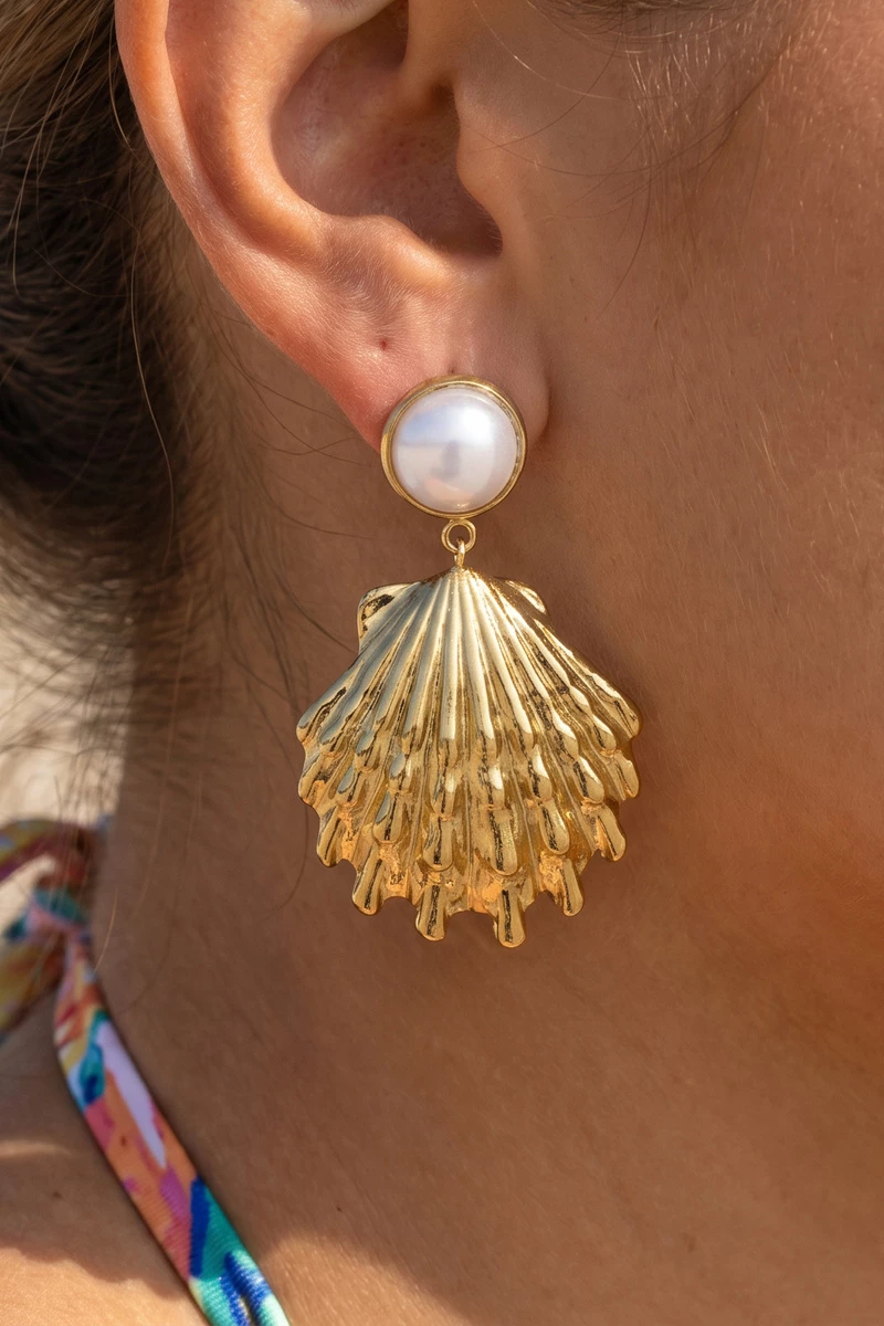 Gold Dipped Pearl Top Shell Drop Earrings