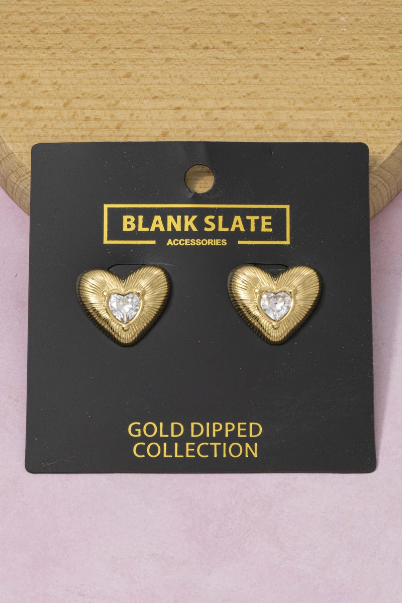 Gold Dipped Cz Heart Stud Earrings