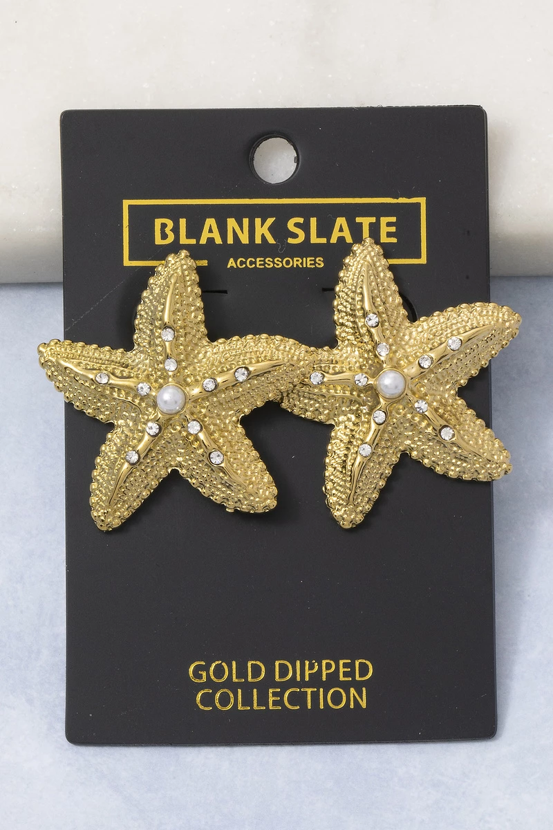 Gold Dipped Pearl Starfish Rhinestone Stud Earrings