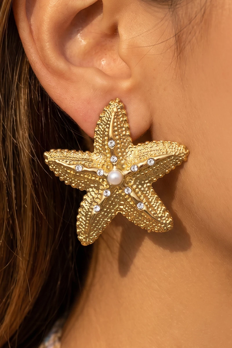 Gold Dipped Pearl Starfish Rhinestone Stud Earrings