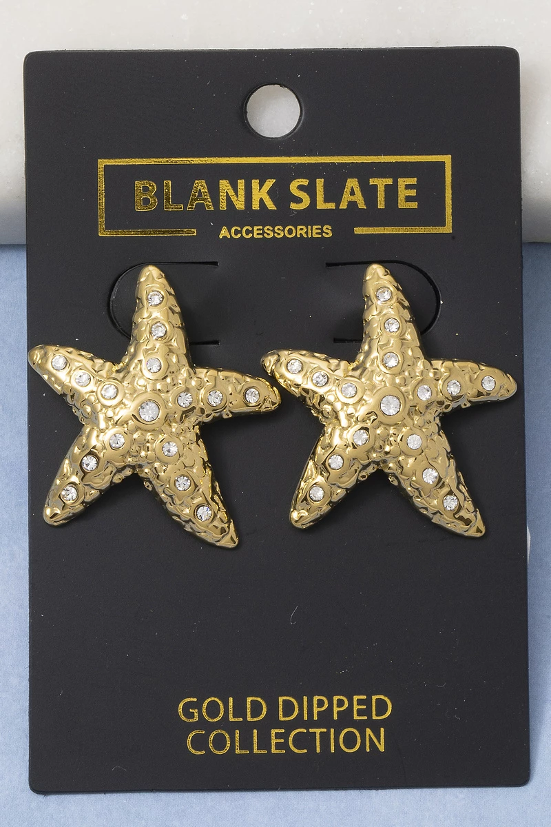 Gold Dipped Pebbled Starfish Crystal Stud Earrings