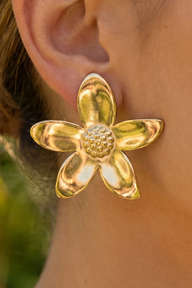 Gold Dipped Polished Tropical Flower Stud Earrings