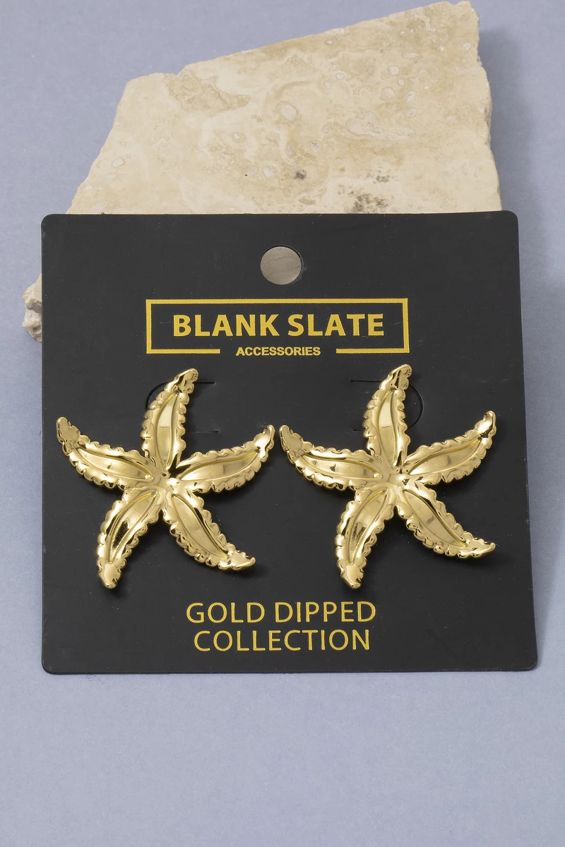 Gold Dipped Ridged Scalloped Starfish Stud Earrings