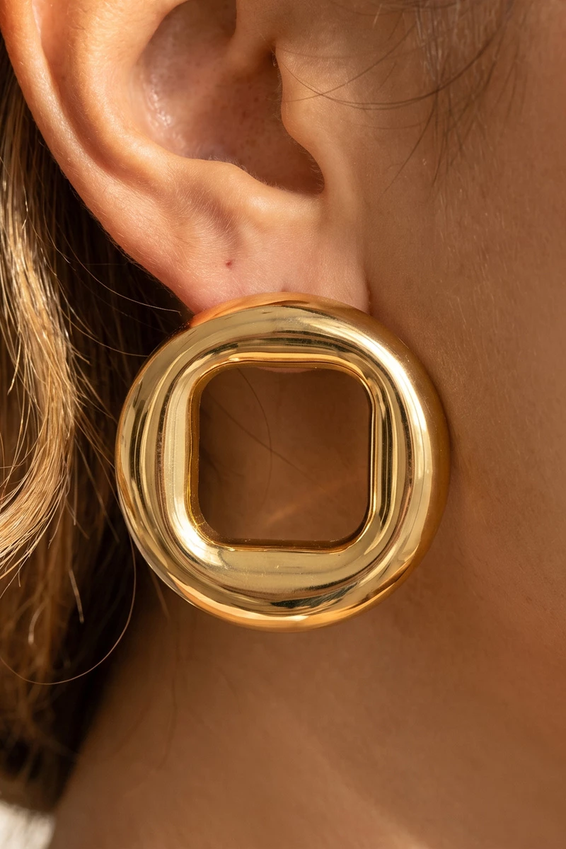 Gold Dipped Chunky Open Square Ring Stud Earrings